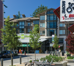 A picture of Wesbrook Village, a vibrant and eye-catching retail area at the University of British Columbia.